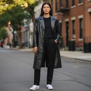 Vintage Pelle New York Trench Coat Women's Medium Black Regular Fit Peak Lapel